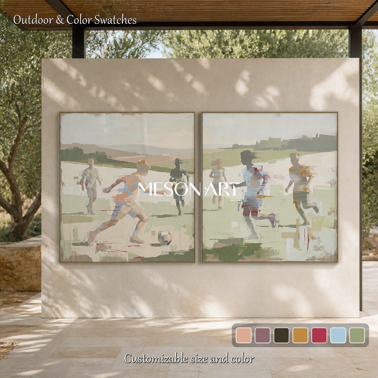 Green And Beige Abstract Sports Painting Contemporary Figurative Art Square Wall Decor By Mesonart