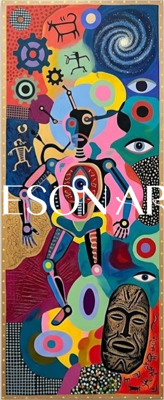 Bold Surrealist Wall Art With Tribal Motifs For Modern Living Room Decor