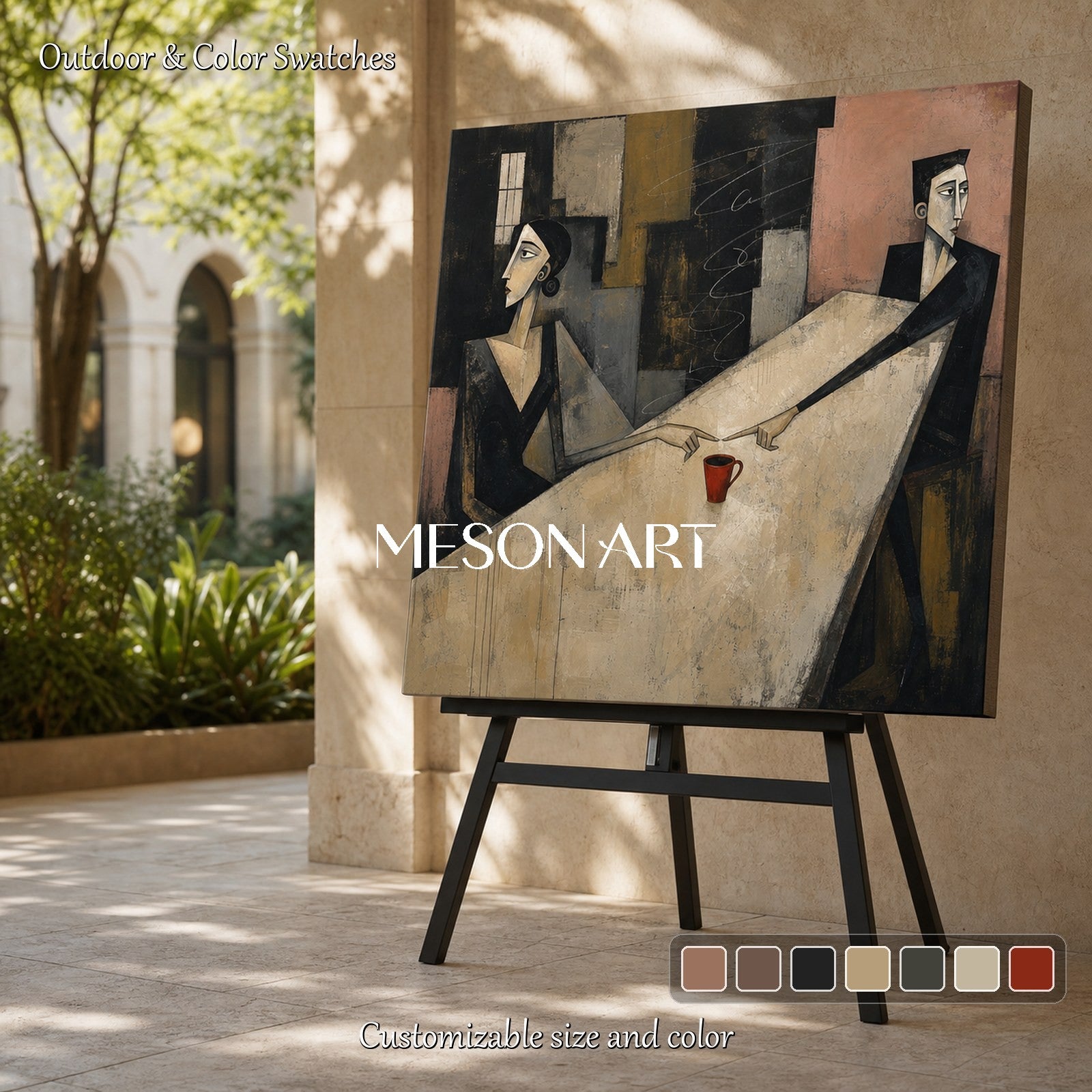 Beige And Black Cubist Abstract Art Square Canvas Painting Original Artist Hand Painted By Mesonart