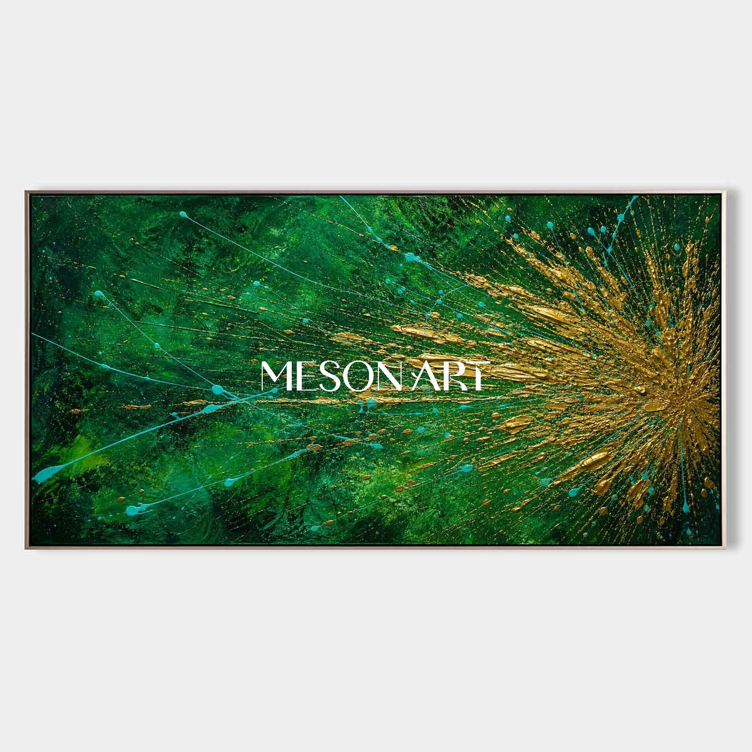 Emerald Green And Gold Pollock Abstract Painting For Modern Living Room Decor