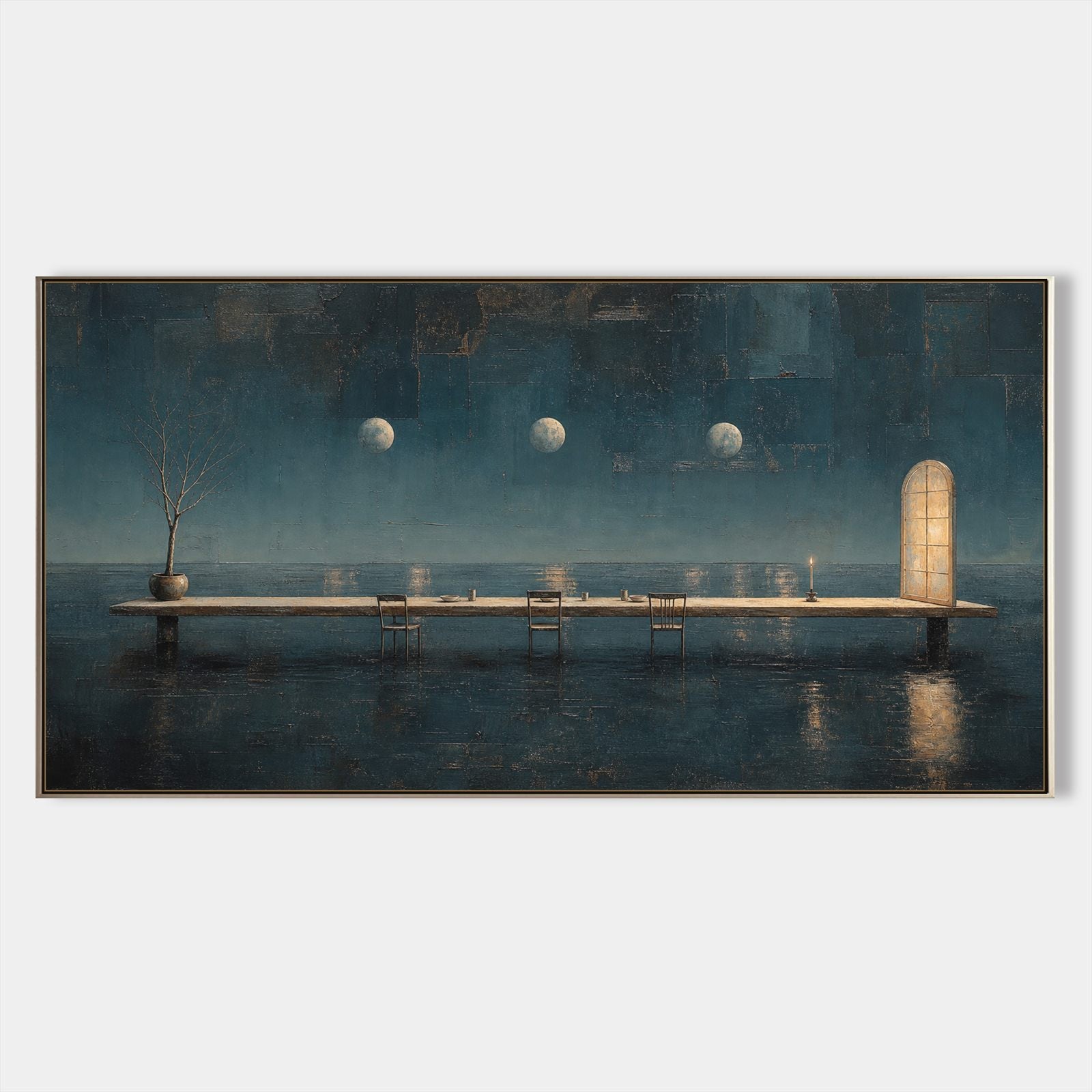 Surrealist Ocean Painting With Golden Door And Triple Moons For Modern Living Room Decor