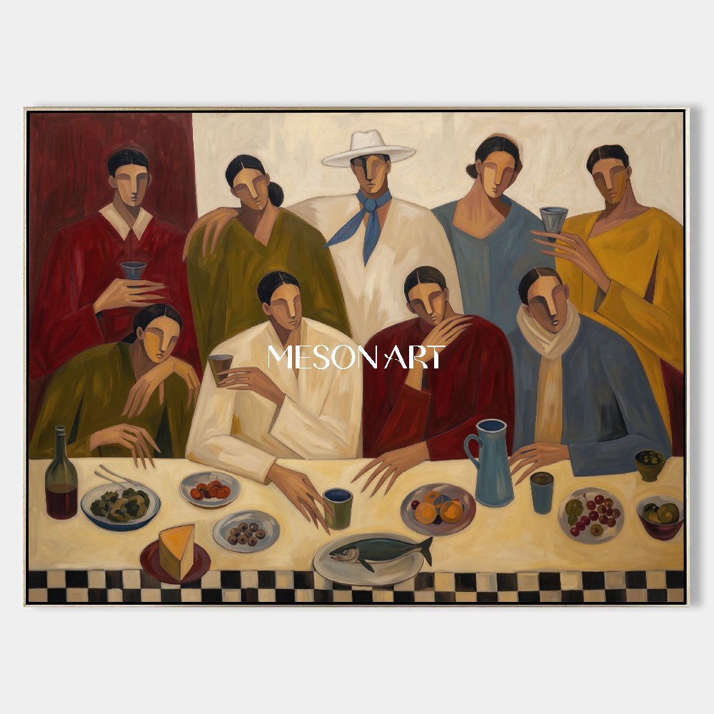 Modern Figurative Painting Of People Dining With Earthy Colors For Home