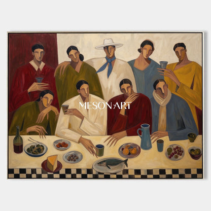Modern Figurative Painting Of People Dining With Earthy Colors For Home