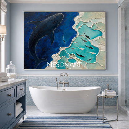 Original Whale Silhouette Ocean Art With Textured Reef For Living Room Decor