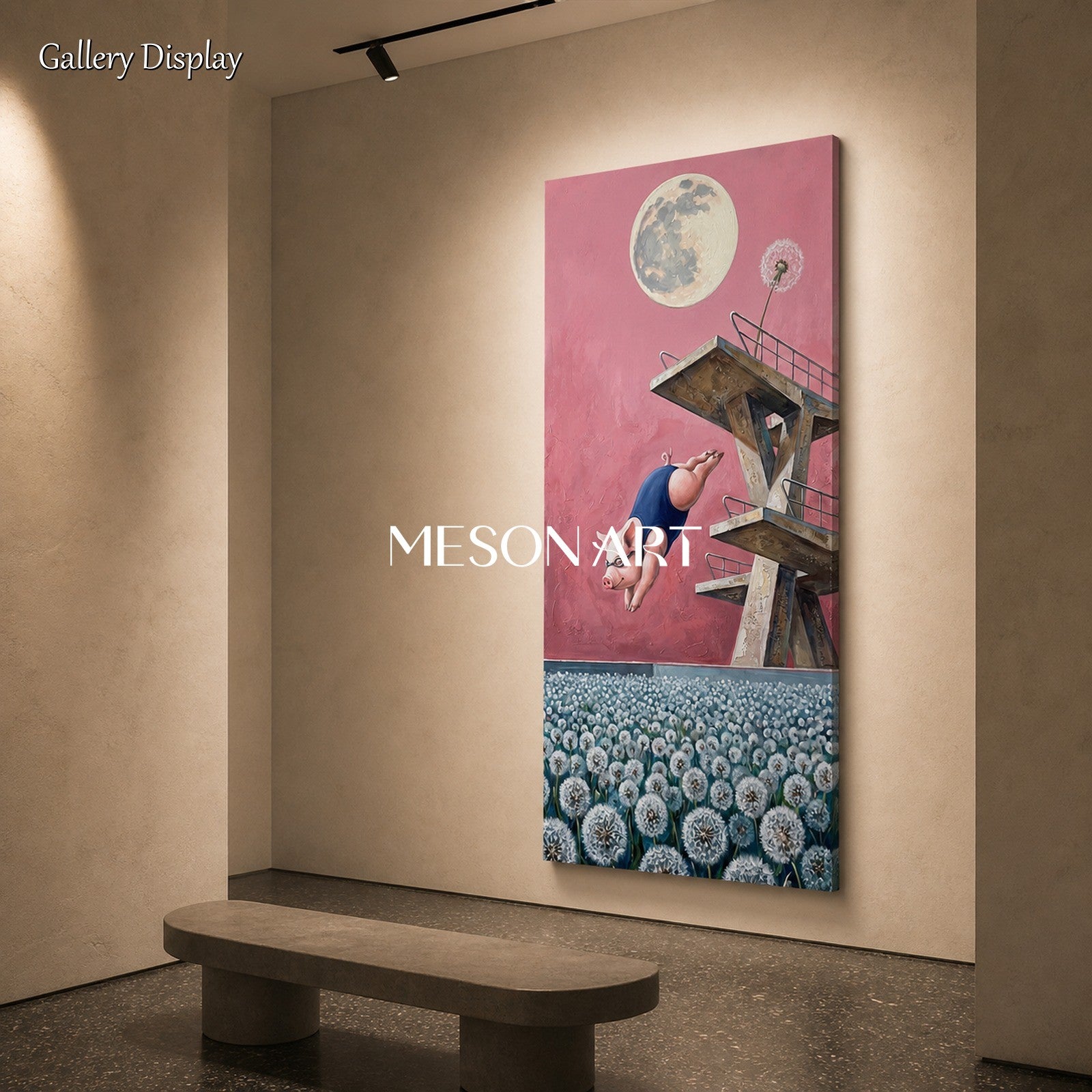 Pink And White Surrealist Painting Of Diver Panoramic Wall Art Original Artist By Mesonart