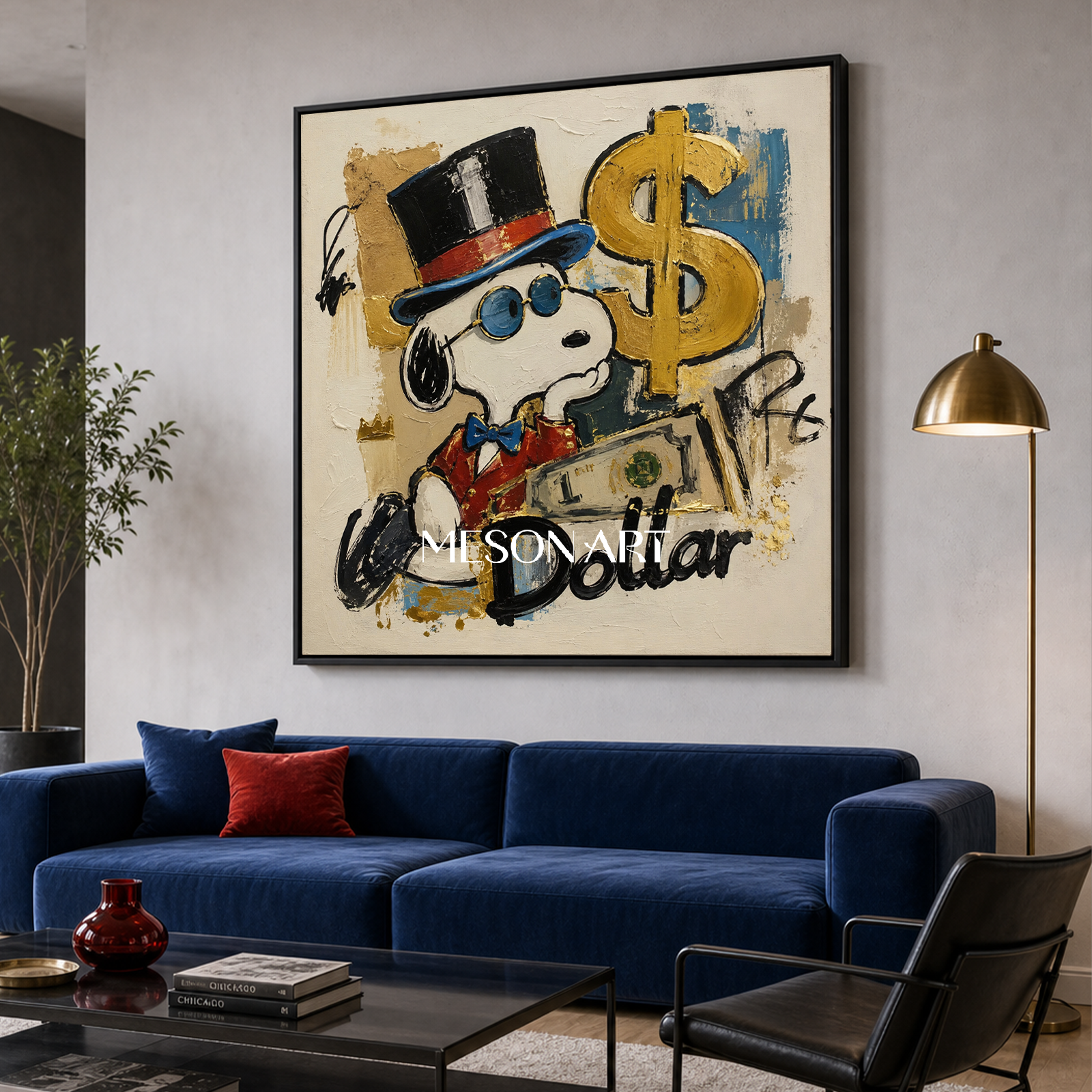 Snoopy Pop Art Painting With Gold Dollar Sign Graffiti Style Canvas Art For Living Room Decor