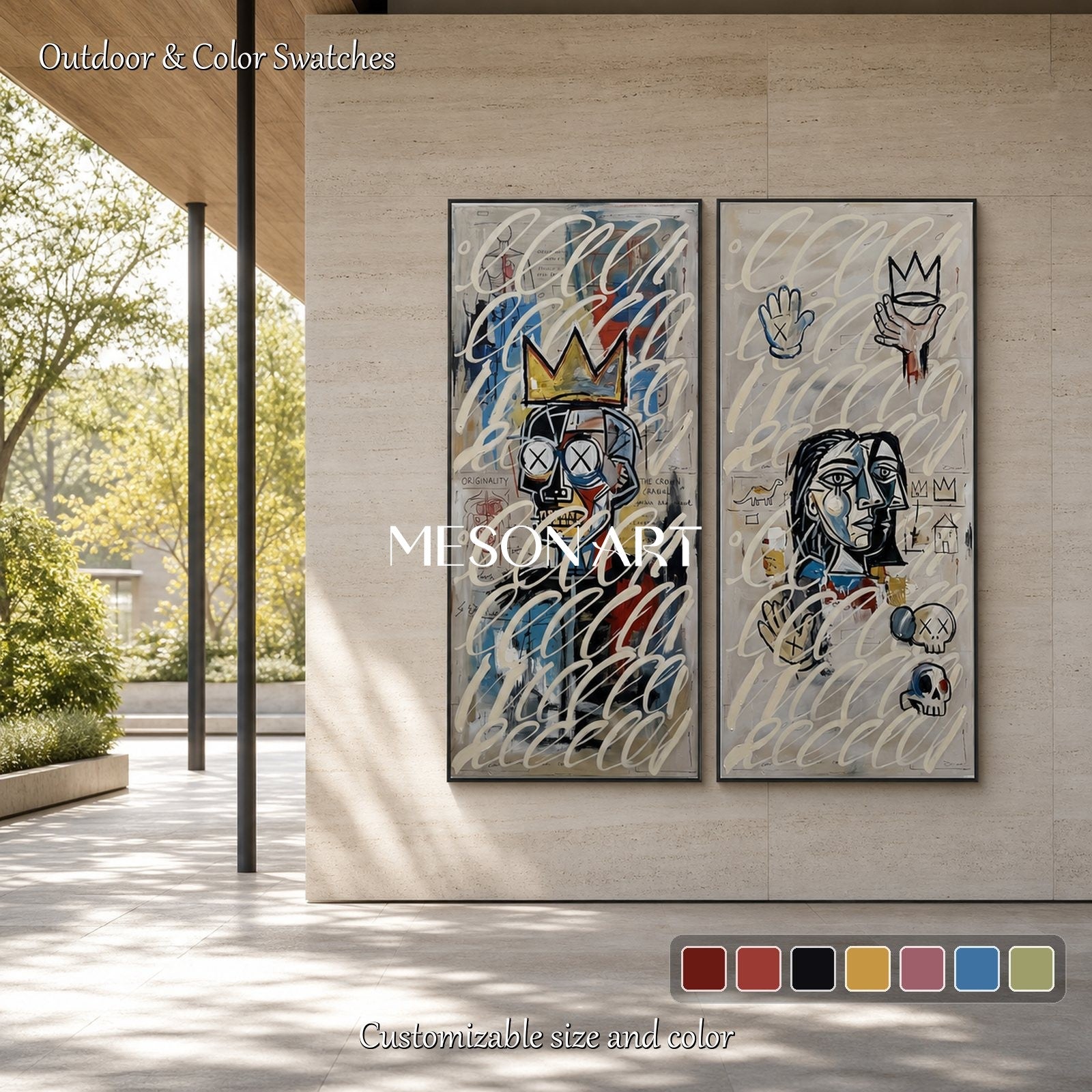 Modern Graffiti Inspired Diptych Art With Crown Motifs For Contemporary Living Room Wall Decor