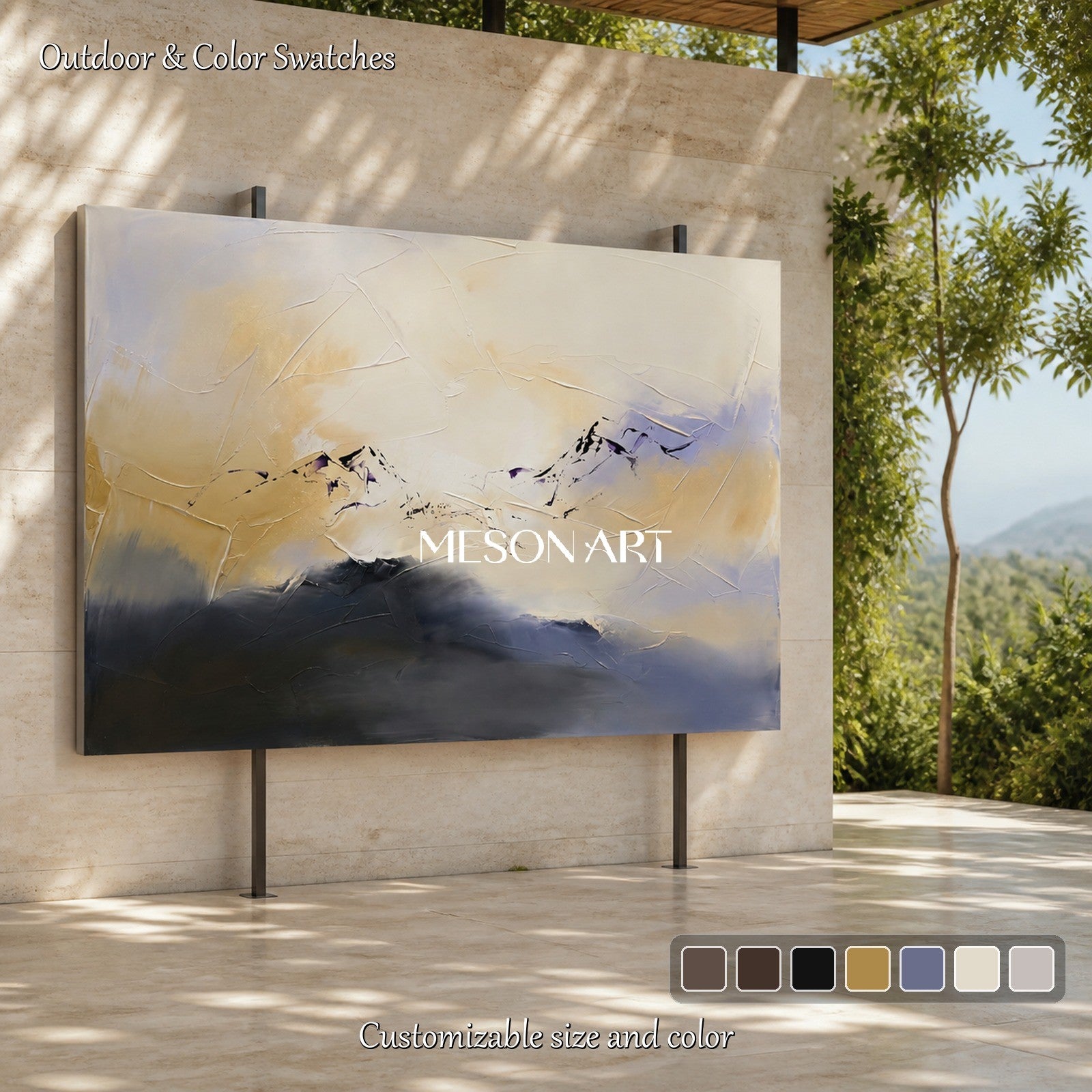 Beige And Black Abstract Expressionist Landscape Painting Rectangular Wall Art For Living Room By Mesonart