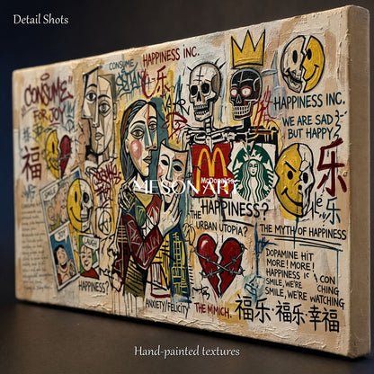 Urban Happiness Paradox Abstract Pop Art Painting With Consumer Icons For Modern Living Room Decor