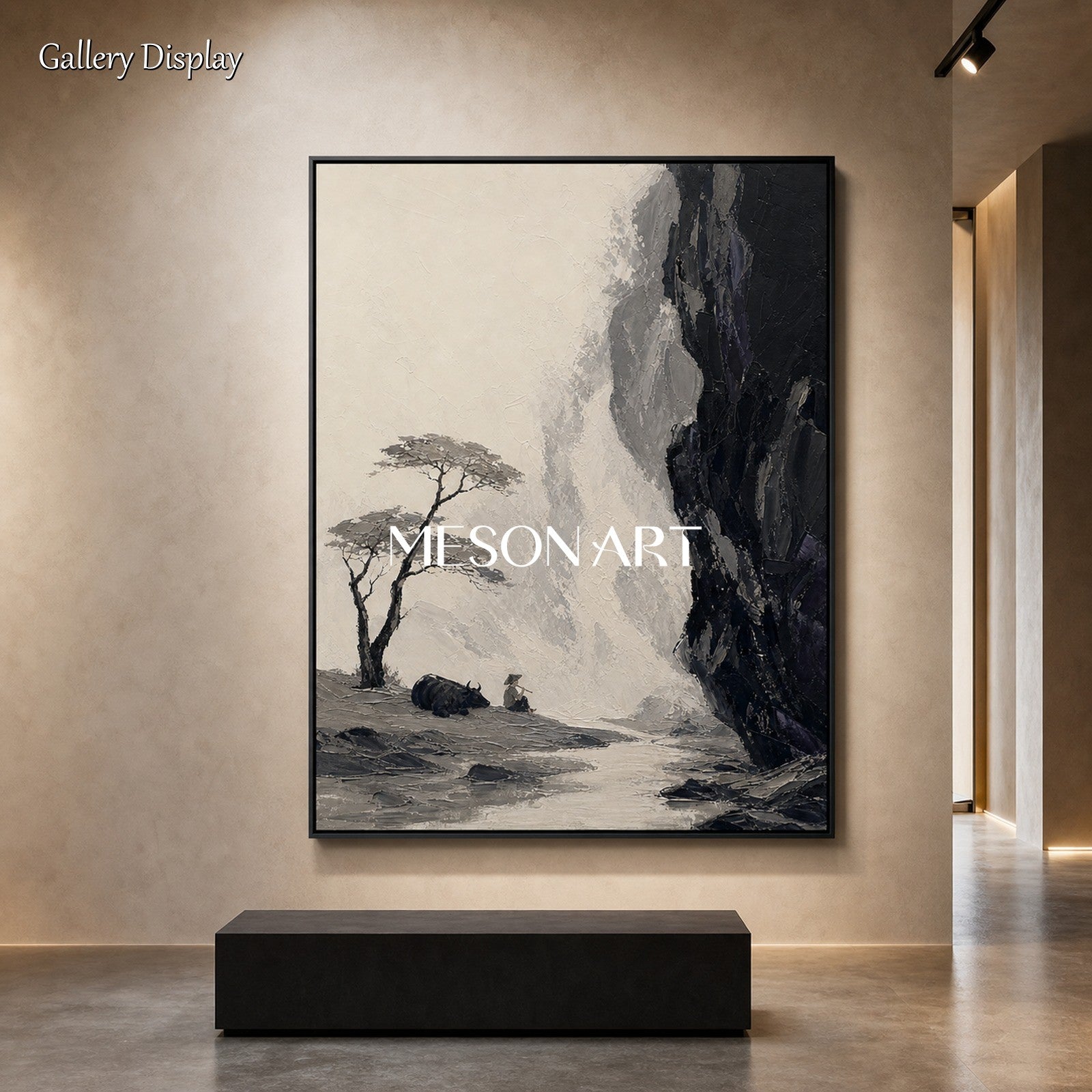 Black And White Landscape Painting With Rich Texture For Modern Home Decor