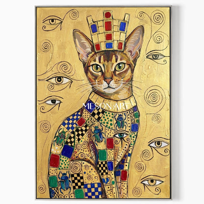 Golden Cat Portrait Painting Inspired By Klimt And Ancient Egypt For Luxury Home Decor