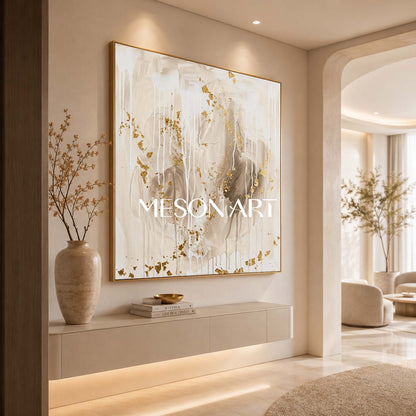 Gilded Abstract Painting With Gold Leaf For Elegant Living Room Decor