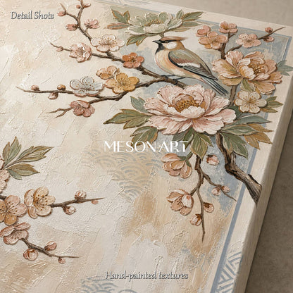 Elegant Beige Floral Bird Painting For Modern Living Room And Dining Room Wall Decor