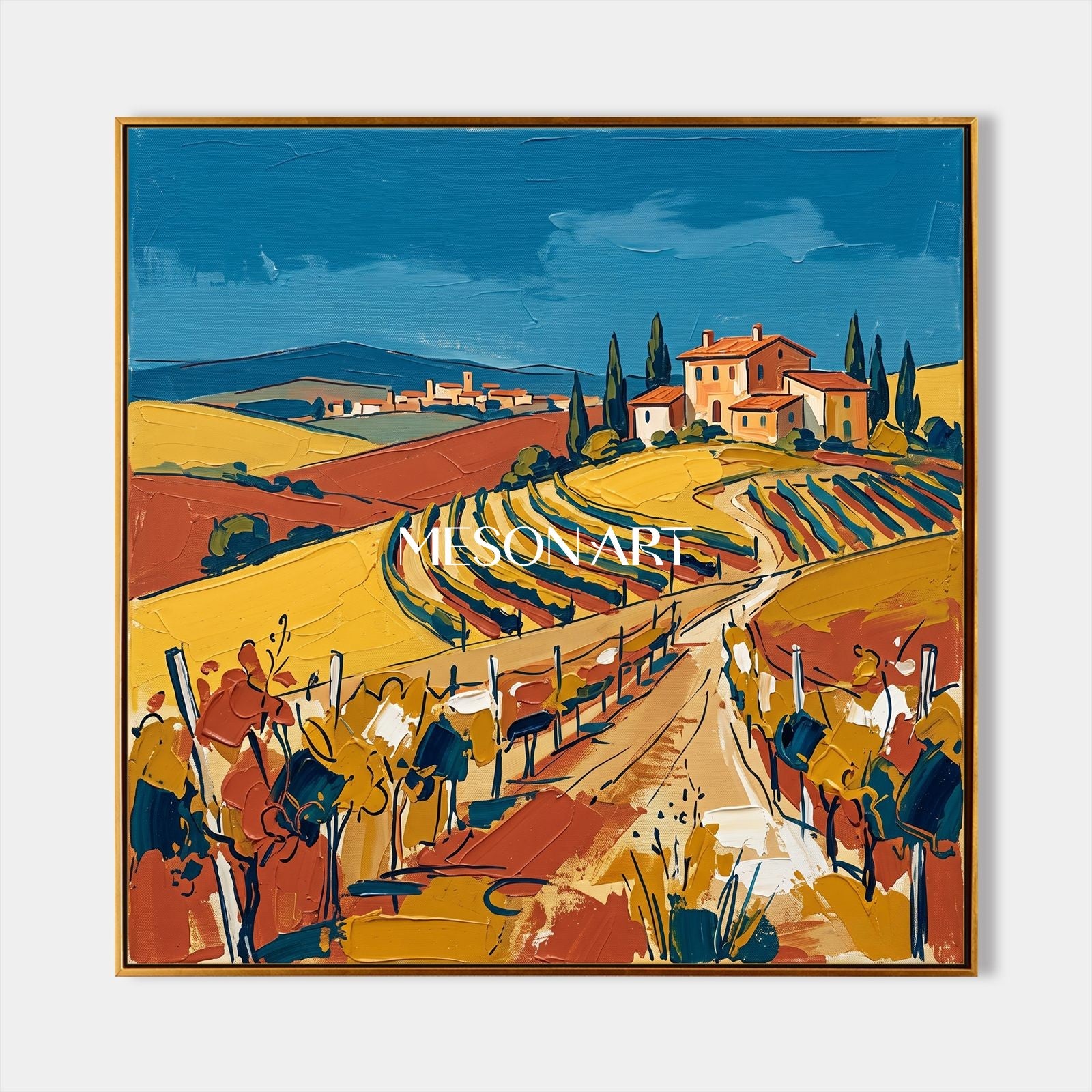 Blue And Gold Contemporary Figurative Vineyard Landscape Square Painting Original Art By Mesonart
