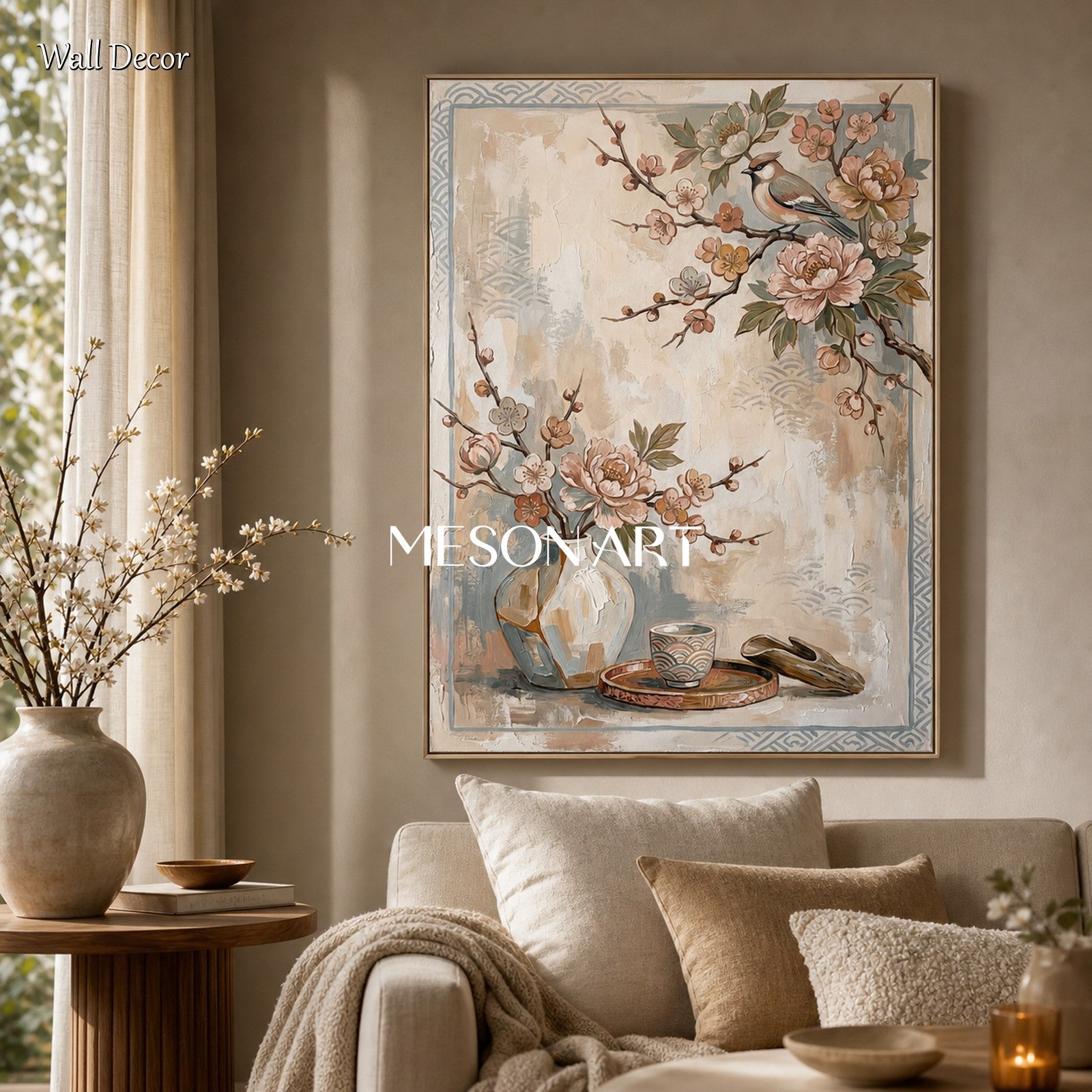 Elegant Beige Floral Bird Painting For Modern Living Room And Dining Room Wall Decor