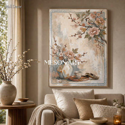 Elegant Beige Floral Bird Painting For Modern Living Room And Dining Room Wall Decor