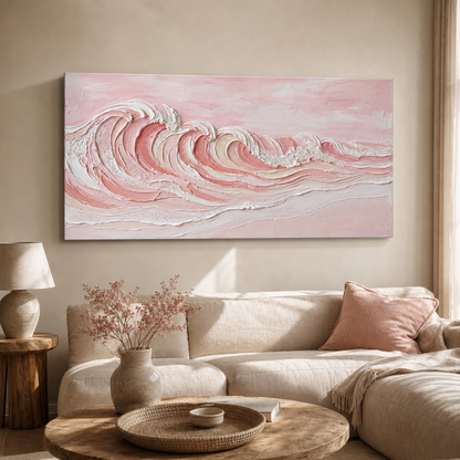 Large Pink Ocean Wave Painting Textured Abstract Art For Tranquil Living Room Decor