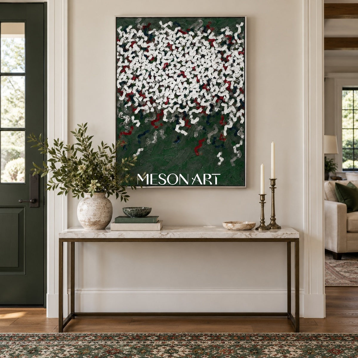 Green And White Abstract Art Wabi-Sabi Impasto Palette Knife Painting Rectangular Wall Decor For Living Room By Mesonart