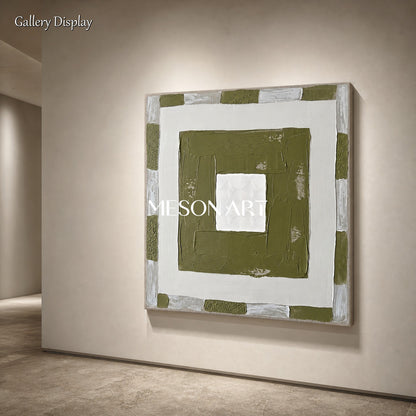 Original Green And White Minimalist Art With Textured Relief For Modern Home Decor