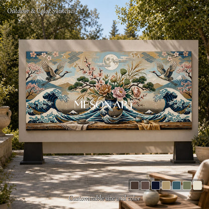 Contemporary Ukiyo-E Wall Art With Waves Cranes And Cherry Blossoms For Living Room Decor