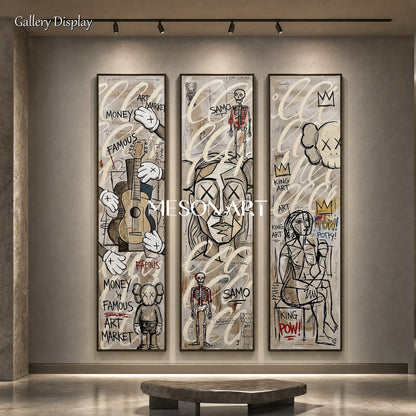 Urban Graffiti Triptych Wall Art With Pop Icons For Modern Living Room Decor