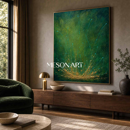 Emerald Green And Gold Abstract Painting Original Pollock Style Art For Living Room