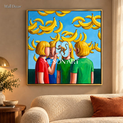 Yellow And Blue Surrealist Painting Banana Theme Square Wall Art Original Artist Hand Painted By Mesonart