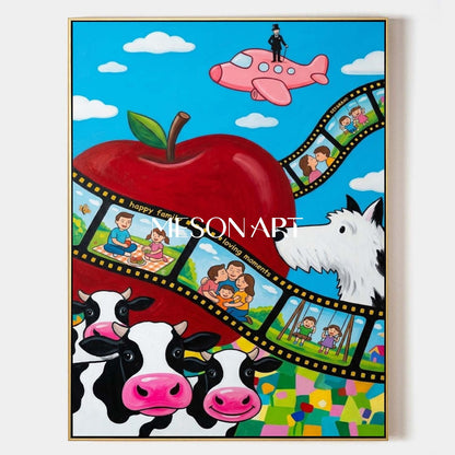 Surrealist Family Art With Cows And Apple For Kids Room Decor