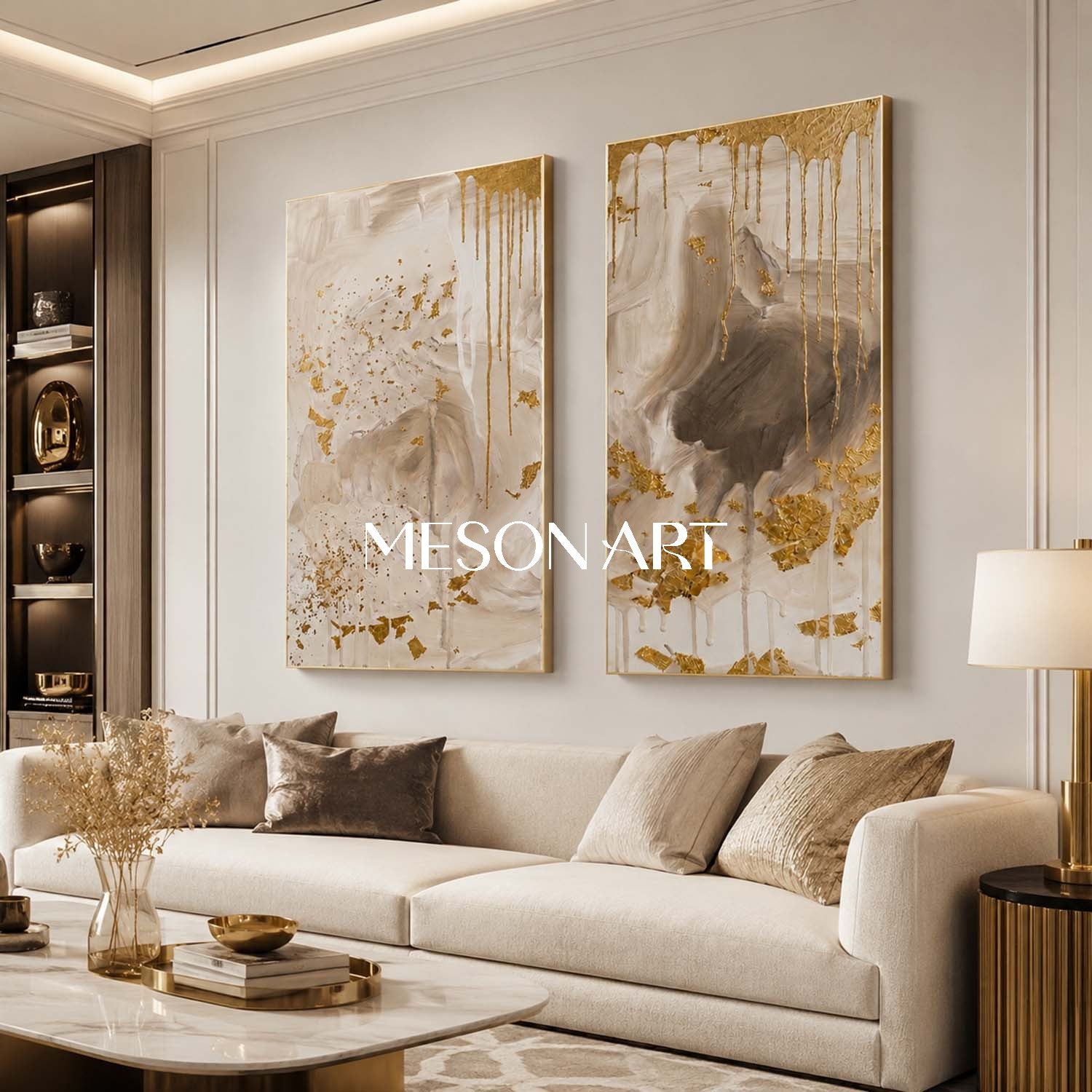Luxury Gold Leaf Abstract Diptych Painting With Textured Beige Tones For Modern Living Room Decor