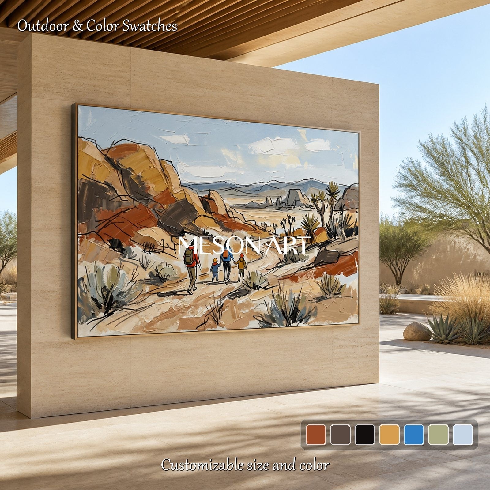 Beige And Blue Landscape Painting Contemporary Mountain Art Rectangular Wall Decor Original Artist By Mesonart