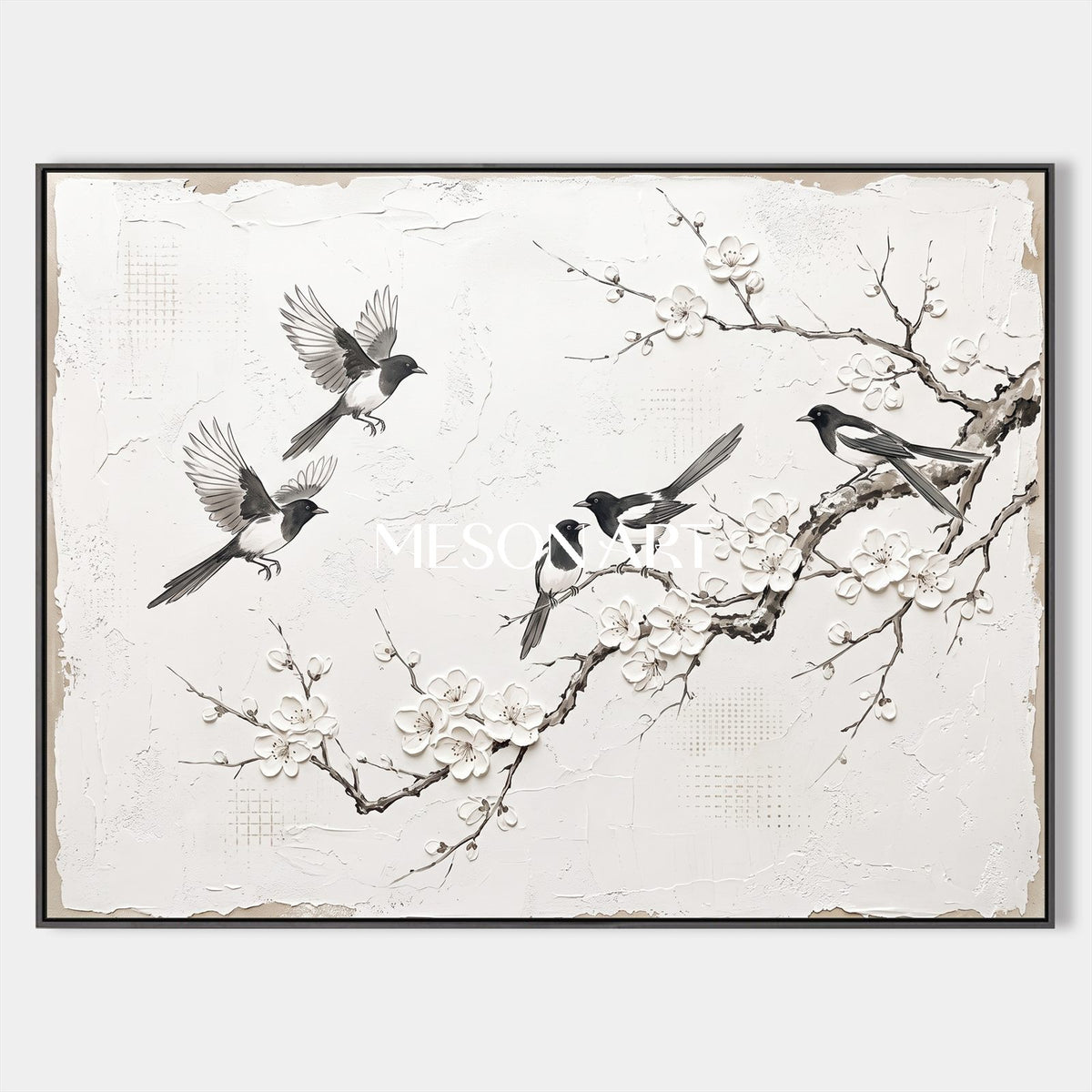White And Black Magpie Plum Blossom Painting Rectangular Wall Art Original Artist Hand Painted By Mesonart