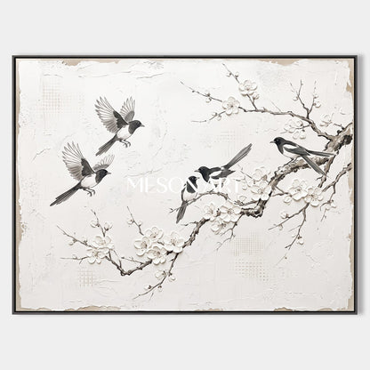 White And Black Magpie Plum Blossom Painting Rectangular Wall Art Original Artist Hand Painted By Mesonart