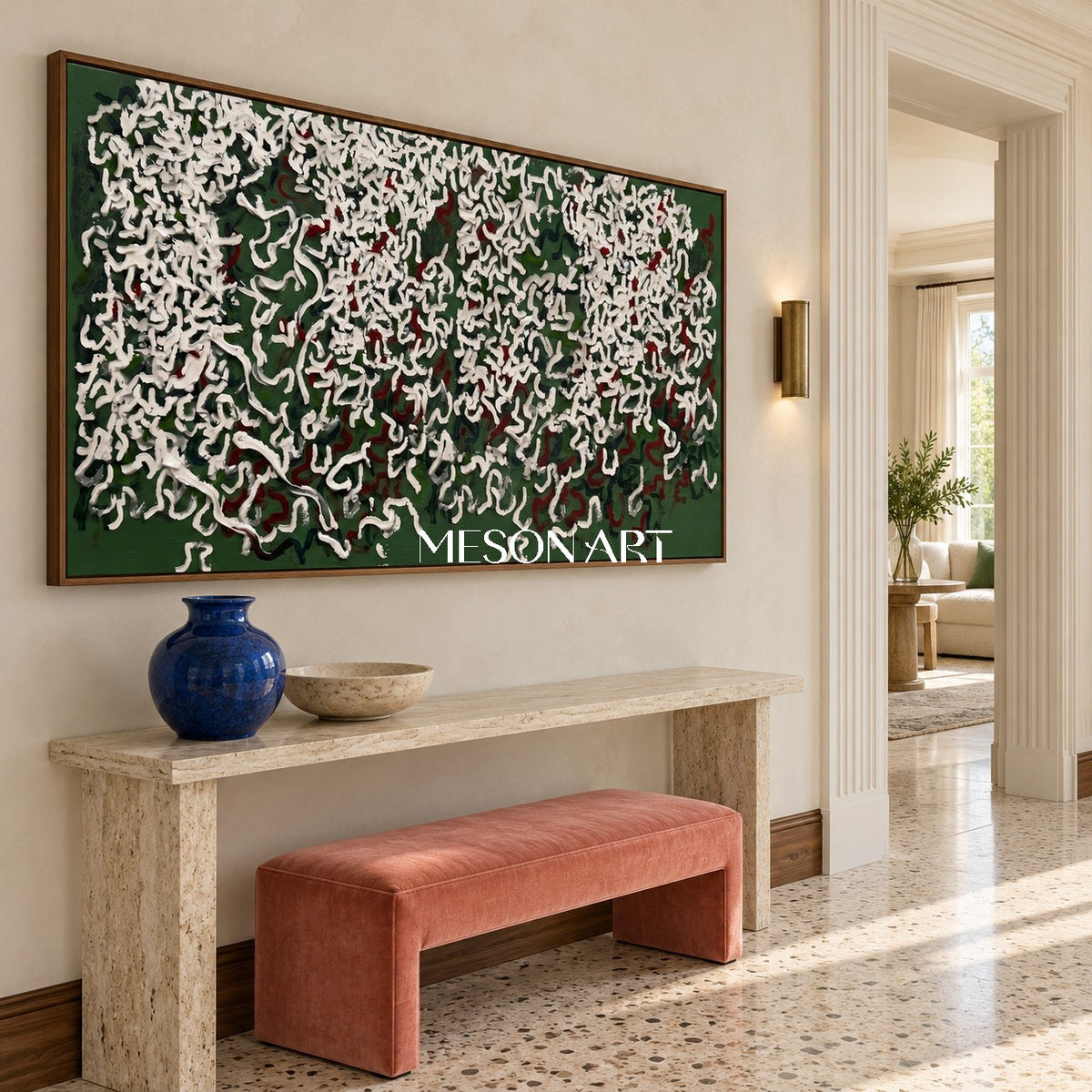 Green And White Abstract Art Impasto Palette Knife Forest Minimalist Contemporary Panoramic Wall Decor By Mesonart