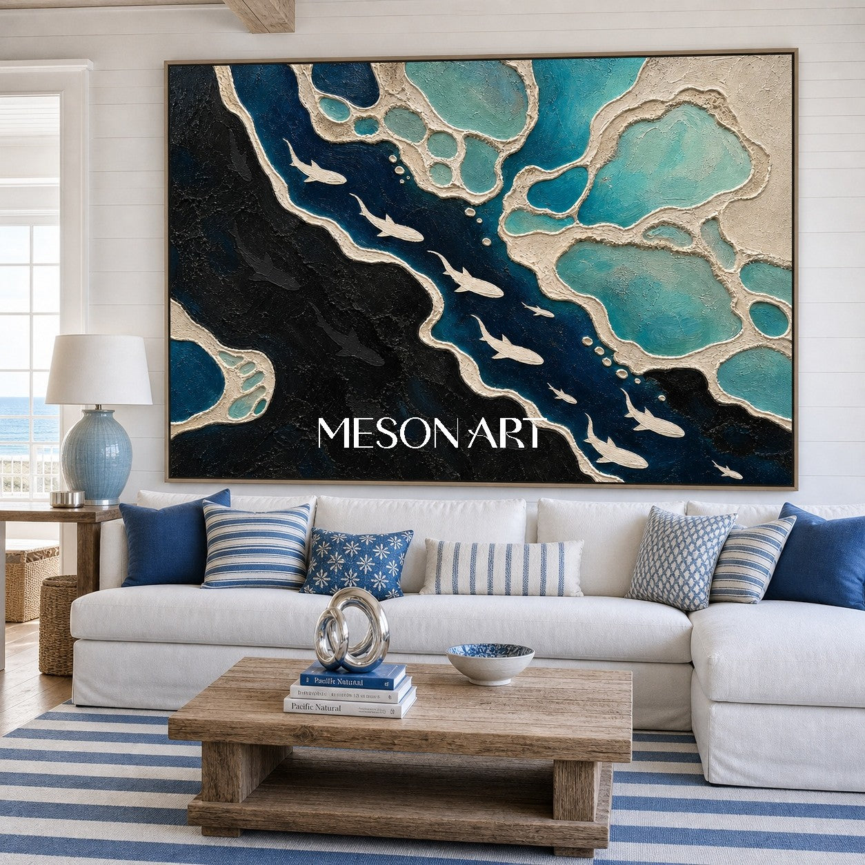 Deep Ocean Shark Migration Abstract Art For Modern Living Room Decor