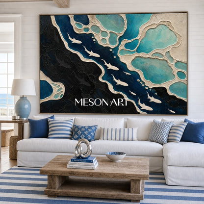Deep Ocean Shark Migration Abstract Art For Modern Living Room Decor