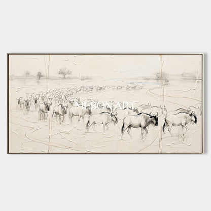 Beige And Black Wildebeest Minimalist Painting Original Artist Panoramic Wall Art For Living Room By Mesonart
