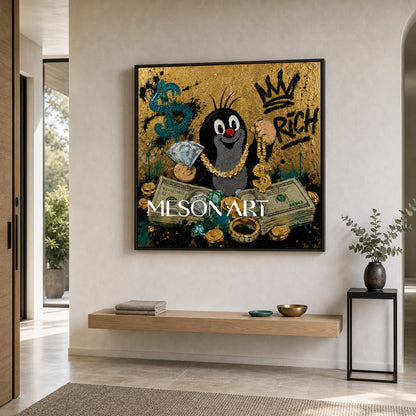 Luxury Pop Art Painting With Gold Texture And Cartoon Mole For Modern Living Room Decor