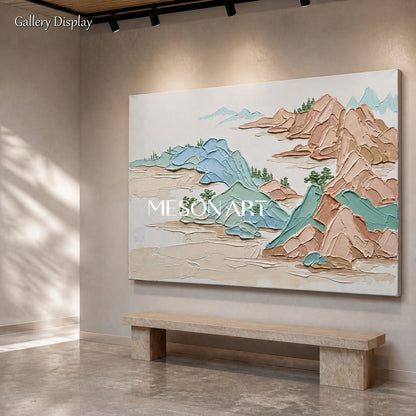 Beige And Blue Impasto Mountain Painting Rectangular Wall Art Contemporary Landscape By Mesonart
