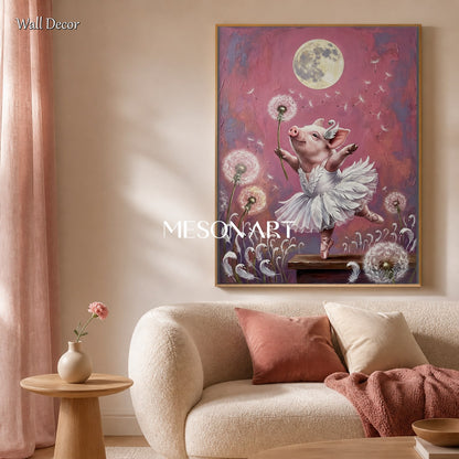 Pink And White Surrealist Painting Of Swan Dancing Pig Original Artist Rectangular Wall Art For Bedroom By Mesonart