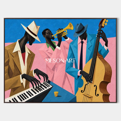 Blue And Pink Pop Art Jazz Painting Original Artist Hand Painted Musical Geometric Rectangular Wall Decor By Mesonart