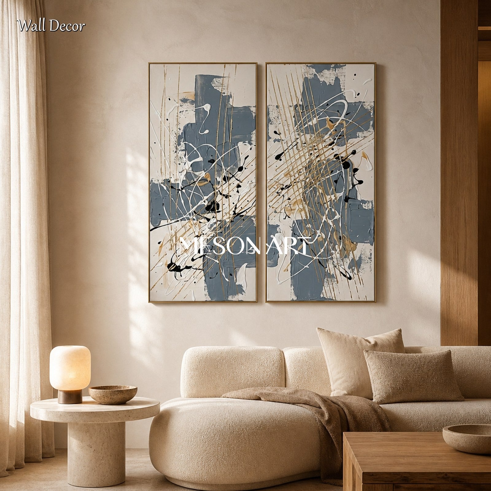 Blue And Gold Abstract Painting Jackson Pollock Inspired Art Style Rectangular Wall Decor For Living Room By Mesonart
