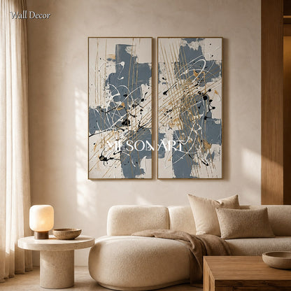 Blue And Gold Abstract Painting Jackson Pollock Inspired Art Style Rectangular Wall Decor For Living Room By Mesonart