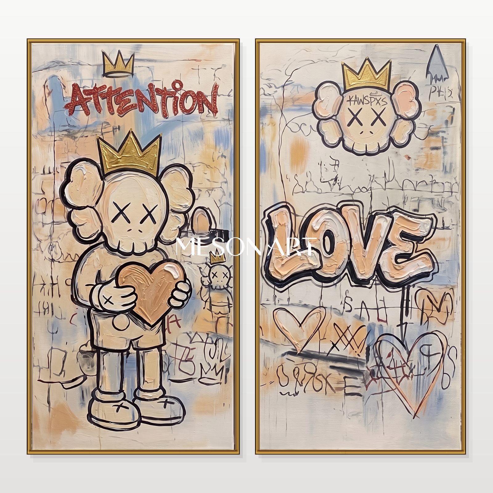 Large Beige Kaws Original Artwork Set With Gold Crown And Heart Motifs For Modern Living Room Decor