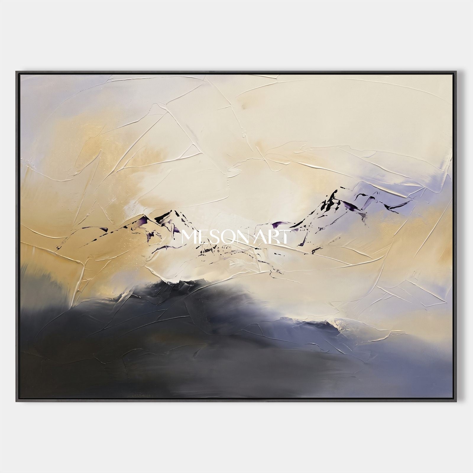 Beige And Black Abstract Expressionist Landscape Painting Rectangular Wall Art For Living Room By Mesonart
