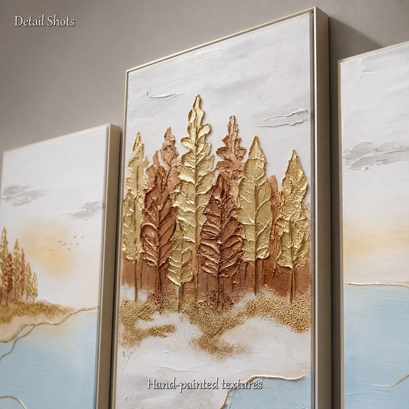 Grande trittico Art Déco “Gold Blue Lake Forest” con dettagli metallici, ideale per il soggiorno