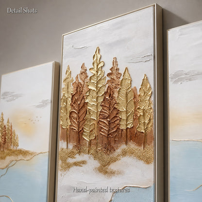Large Gold Blue Lake Forest Triptych Art Deco Painting With Metallic Accents For Living Room