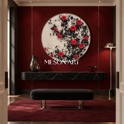 Red And Black Botanical Painting Modern Organic Circular Wall Art Original Hand Painted By Mesonart