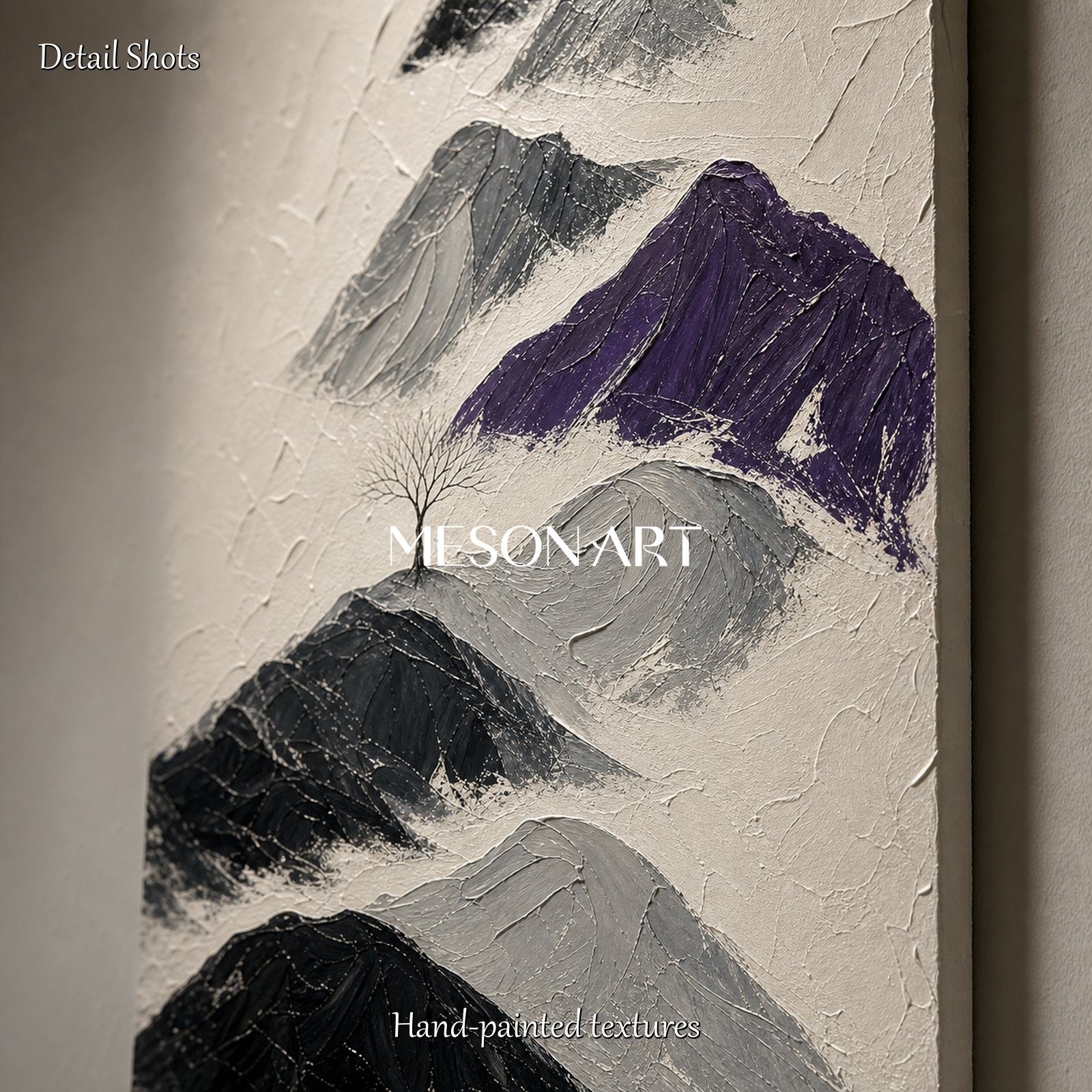 Black And White Mountain Painting With Textured Relief For Modern Home Decor