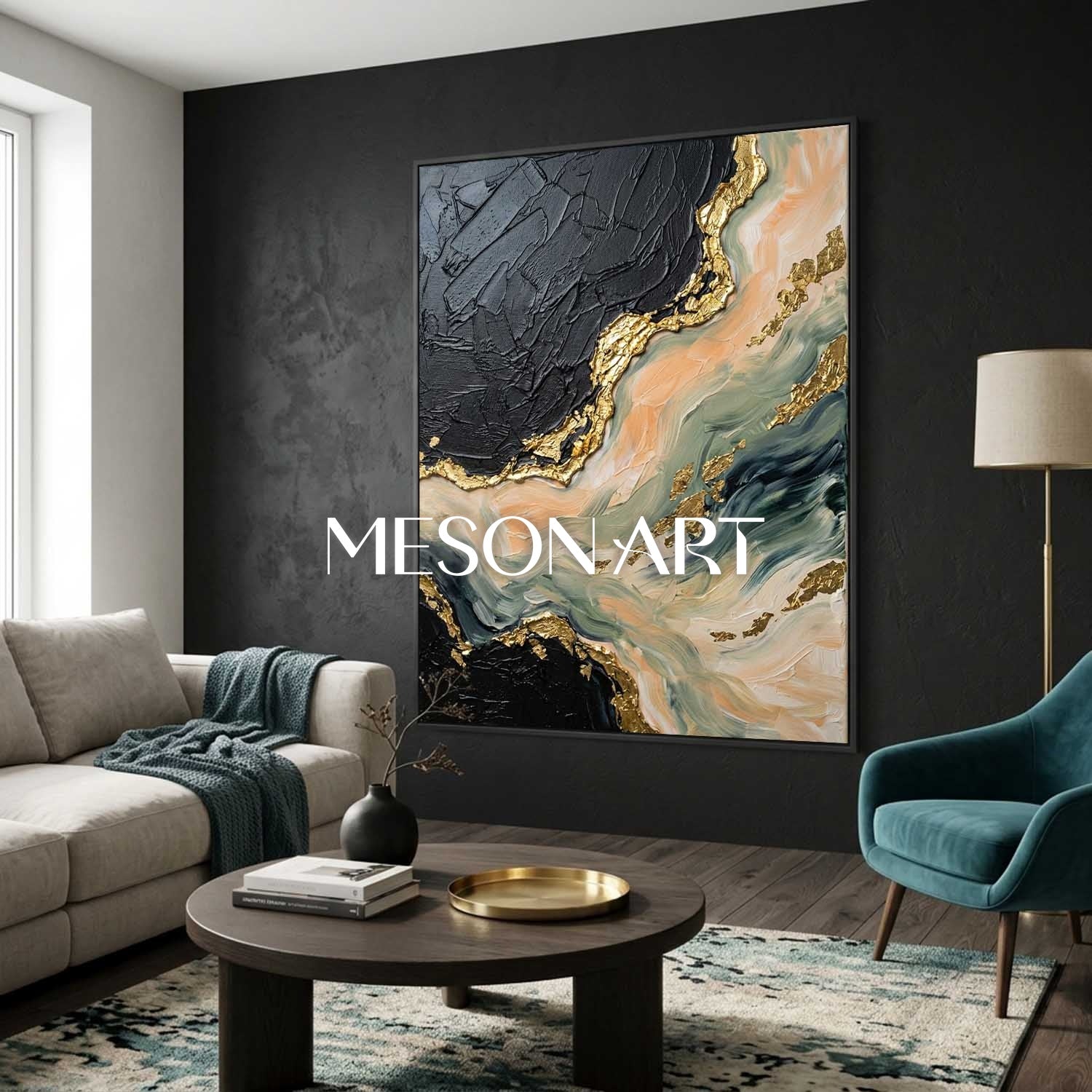 Gilded Tides Abstract Plaster Art With Gold Accents For Living Room Decor