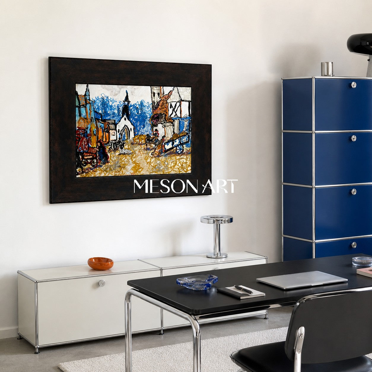 Abstract Modern Landscape Painting With Blue And Ochre Tones For Living Room Decor